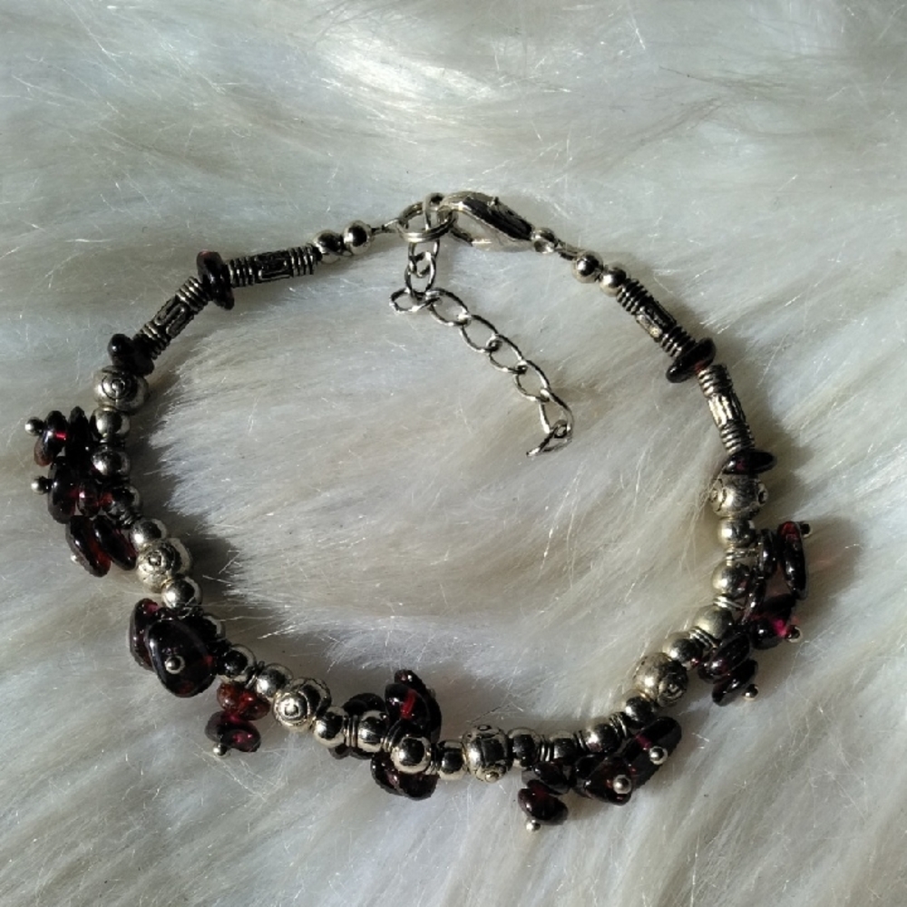 Silver-Tone Bracelet with Dark Red Bead Accents
